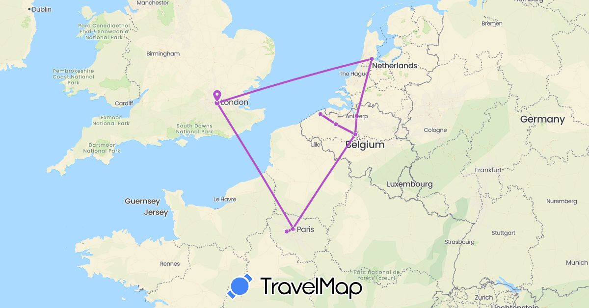 TravelMap itinerary: driving, train in Belgium, France, United Kingdom, Netherlands (Europe)